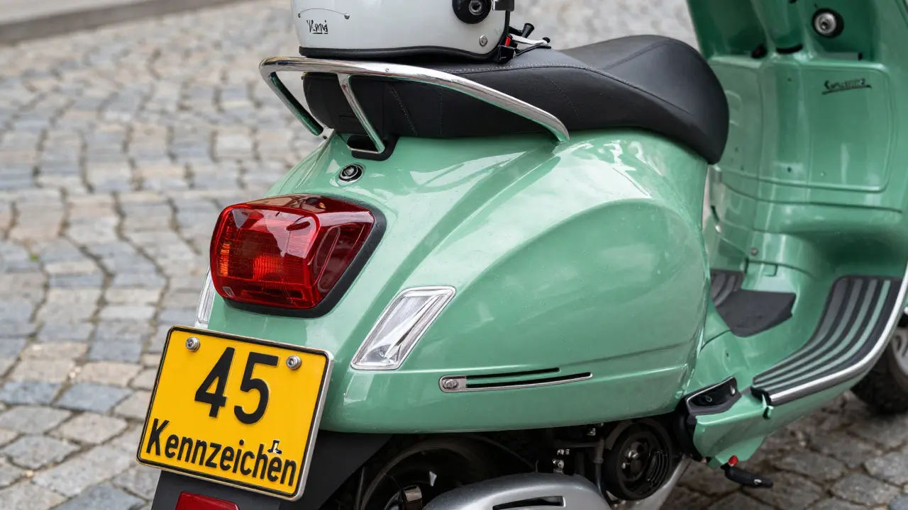 Nahaufnahme eines Vespa-Rollers mit gelbem Kennzeichen und Helm