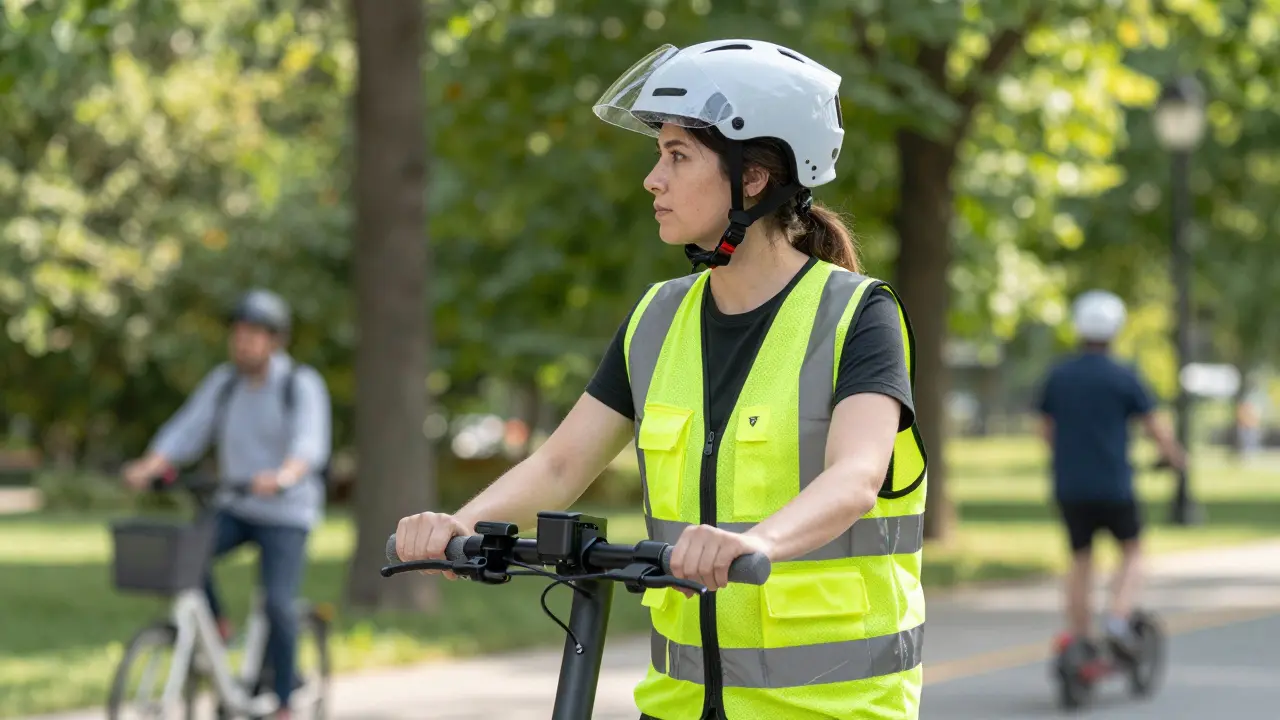 Person mit Helm und korrekter Haltung auf einem Elektroroller im Park