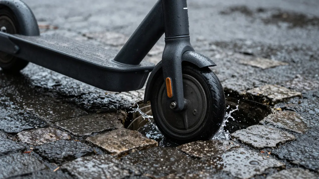 Rad des E-Scooters steckt im Pflaster bei Regenwetter