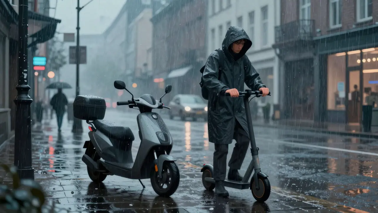 Scooter-Fahrer im kalten Regen auf der Straße