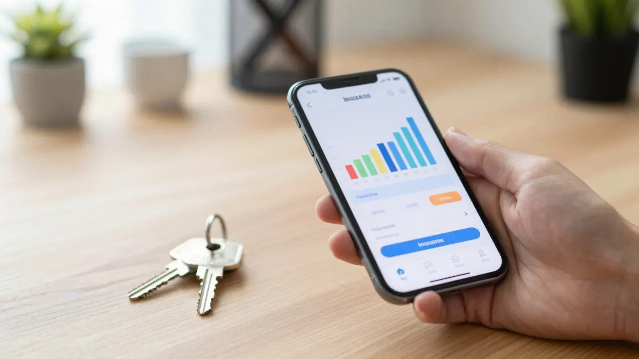 Smartphone mit Versicherungs-App und Schlüssel auf Holztisch