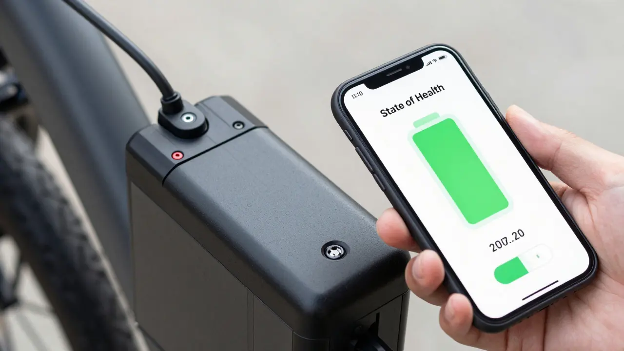Smartphone zeigt Akku-Gesundheitsstatus neben E-Bike-Akku