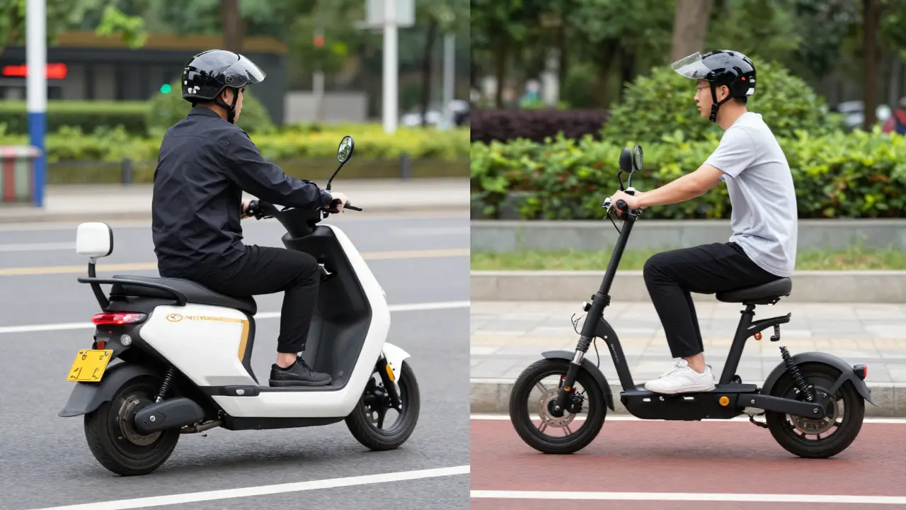 Vergleich von E-Moped mit Kennzeichen und faltbarem Tretroller