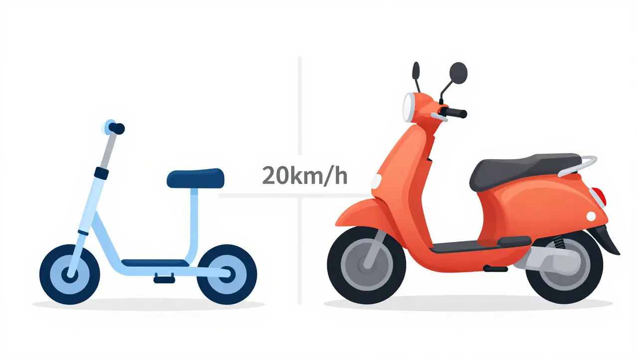 Vergleich von eTretroller und E-Moped durch Farben getrennt
