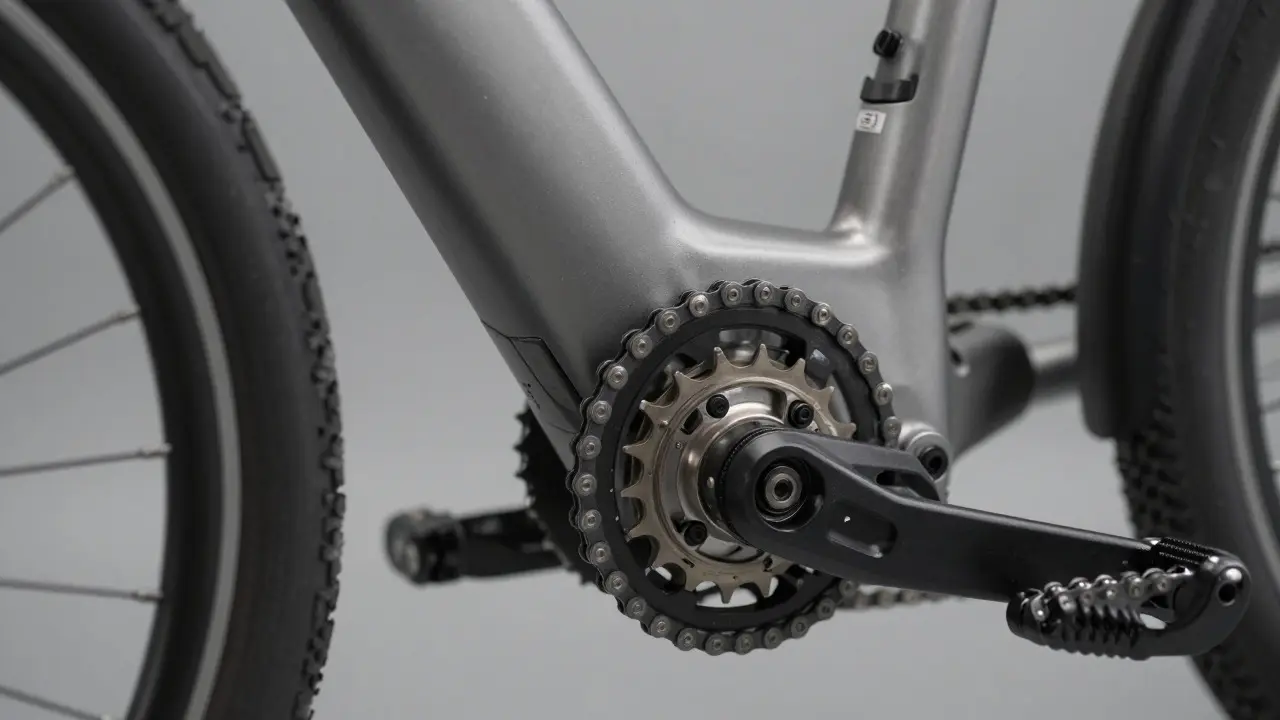 Detailaufnahme eines E-Bike-Mittelmotors am Tretlager mit Zahnrädern und Kette