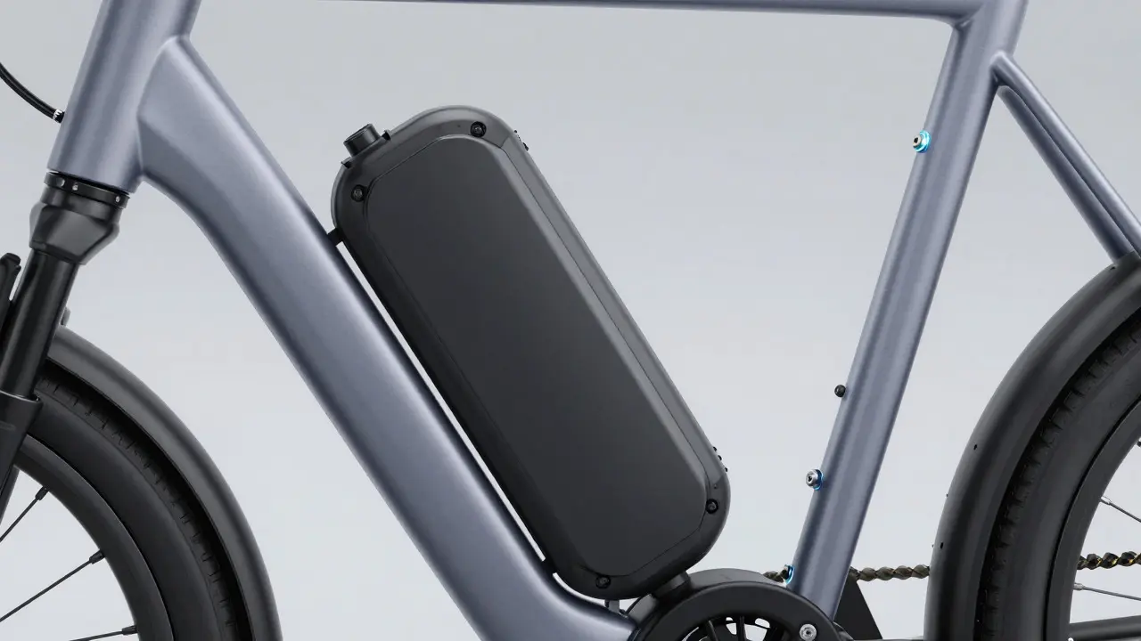 Detailaufnahme eines integrierten E-Bike-Akkus im Rahmen