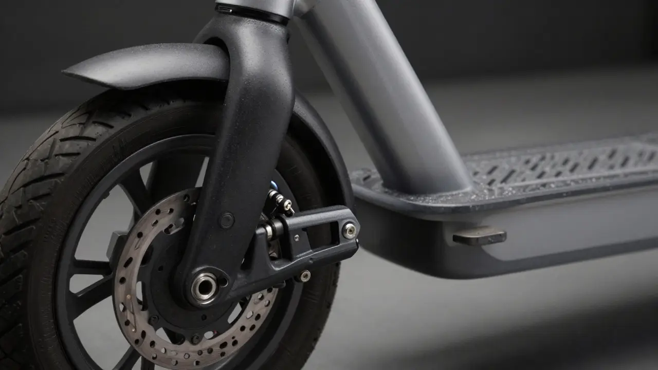 Detailaufnahme von Bremse und Reifen eines hochwertigen E-Scooters