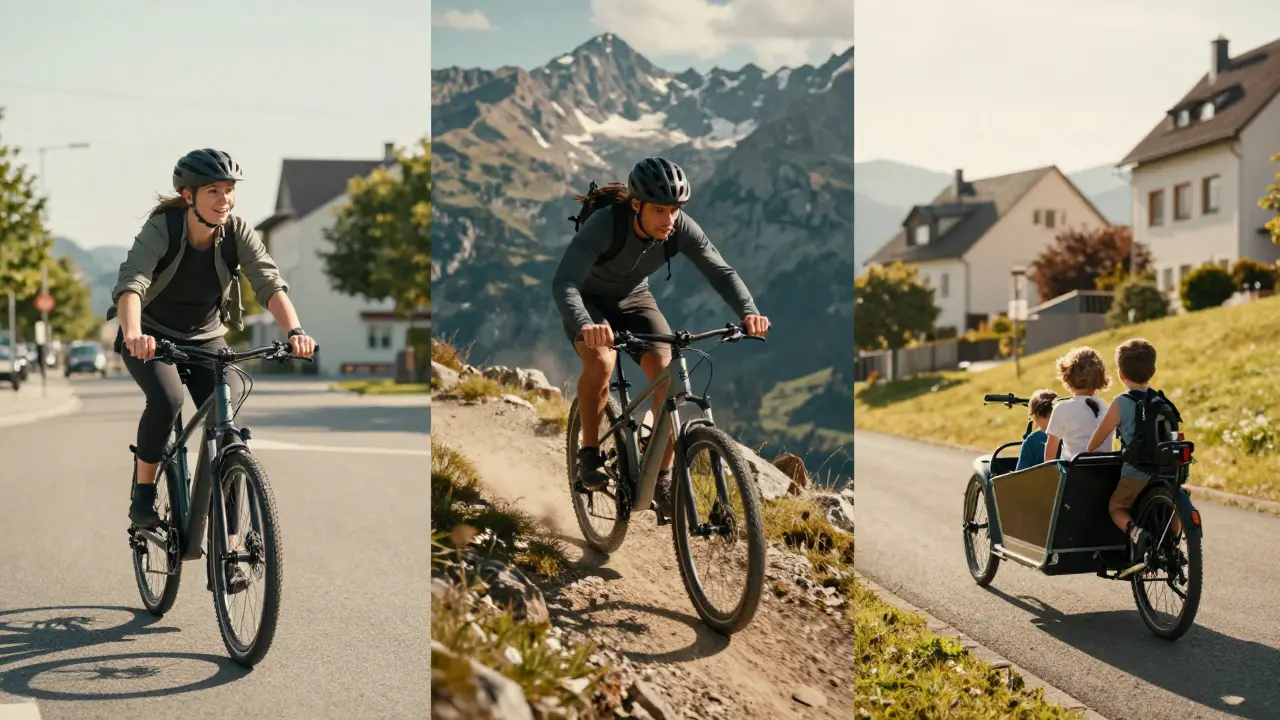 Drei Szenarien: Stadtpendler, Mountainbiker und Lastenrad-Nutzer