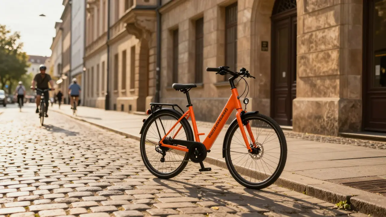 E-Bike auf einer Kopfsteinpflasterstraße in Leipzig bei Sonnenuntergang