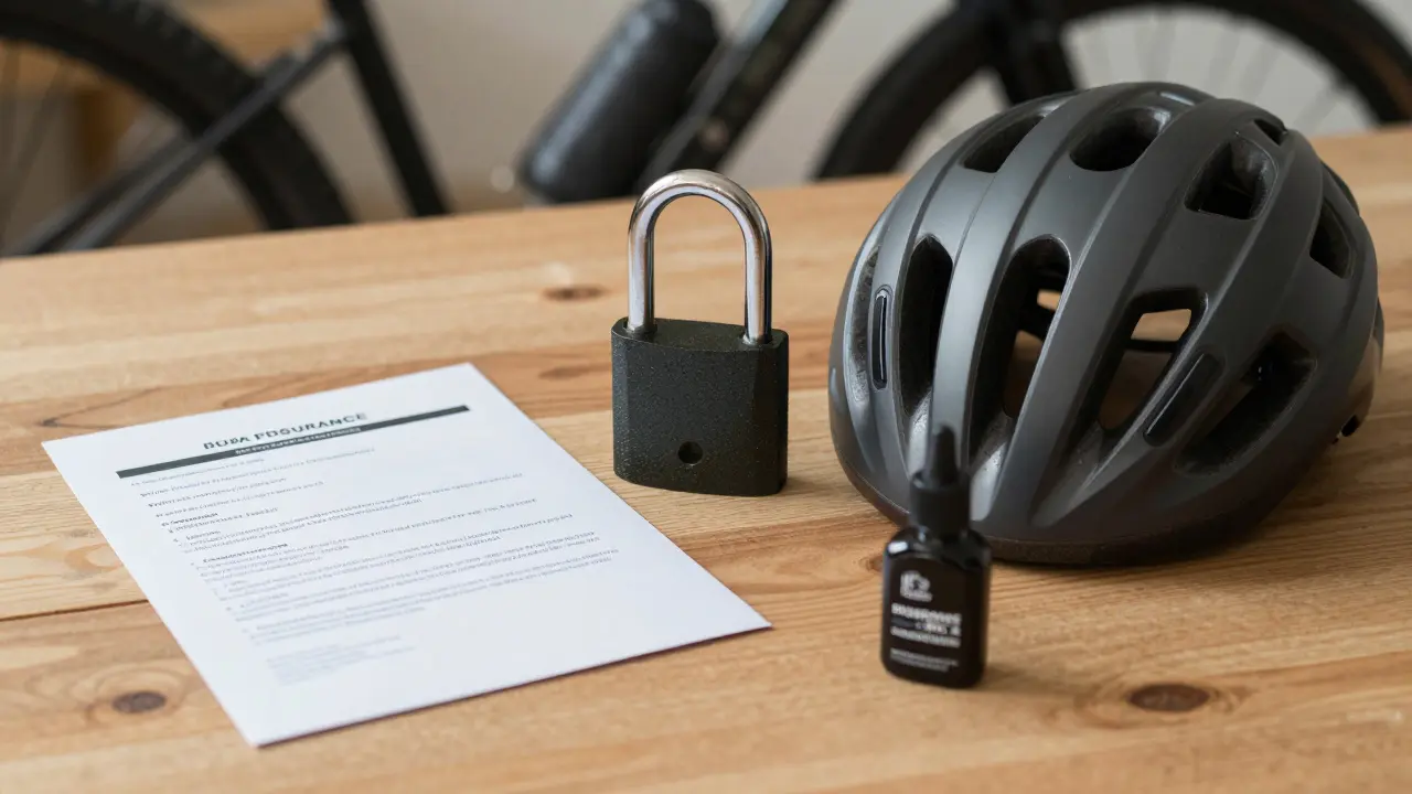 E-Bike Zubehör: Helm, Schloss und Versicherung auf dem Tisch