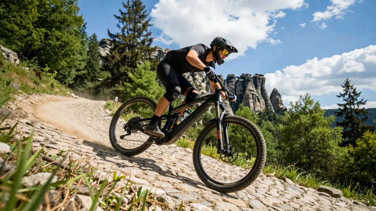 E-Biker fährt steilen Hügel in der Sächsischen Schweiz hinauf