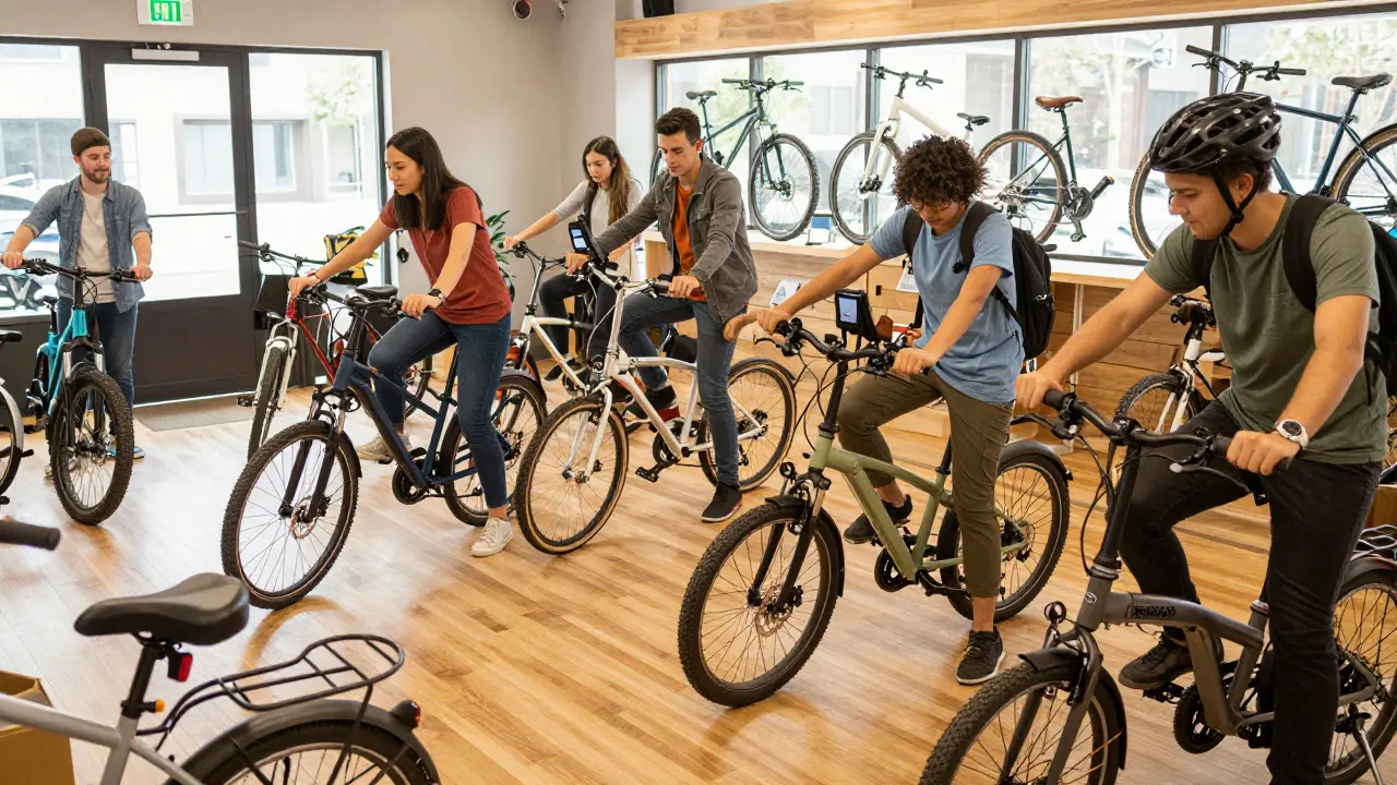 Einsteiger testen verschiedene E-Bikes im Fahrradgeschäft