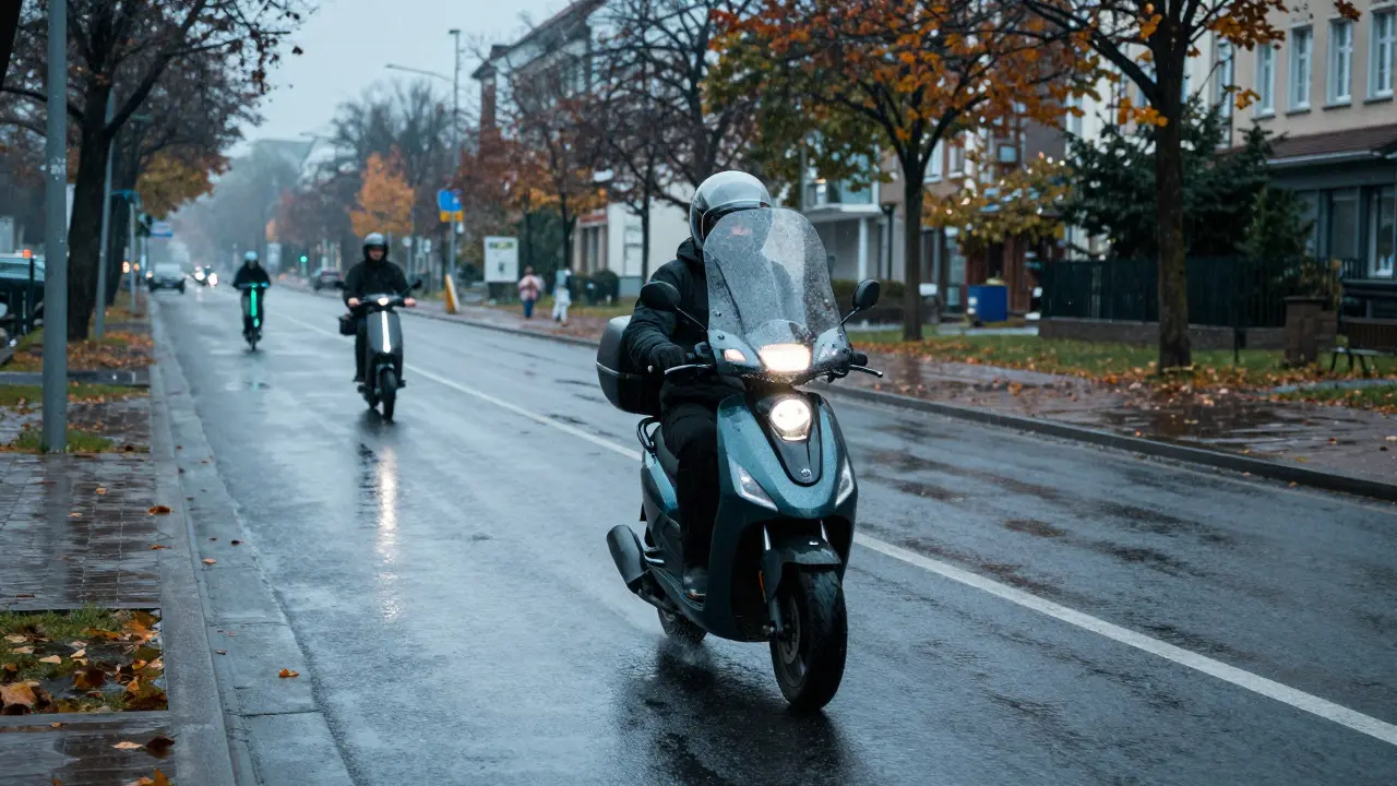 Elektroroller-Fahrer bei Regen auf der Straße, E-Scooter im Hintergrund