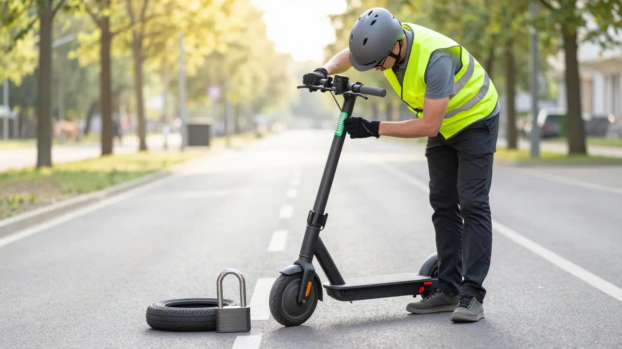 Fahrradfahrer befestigt Versicherungskennzeichen am E-Roller