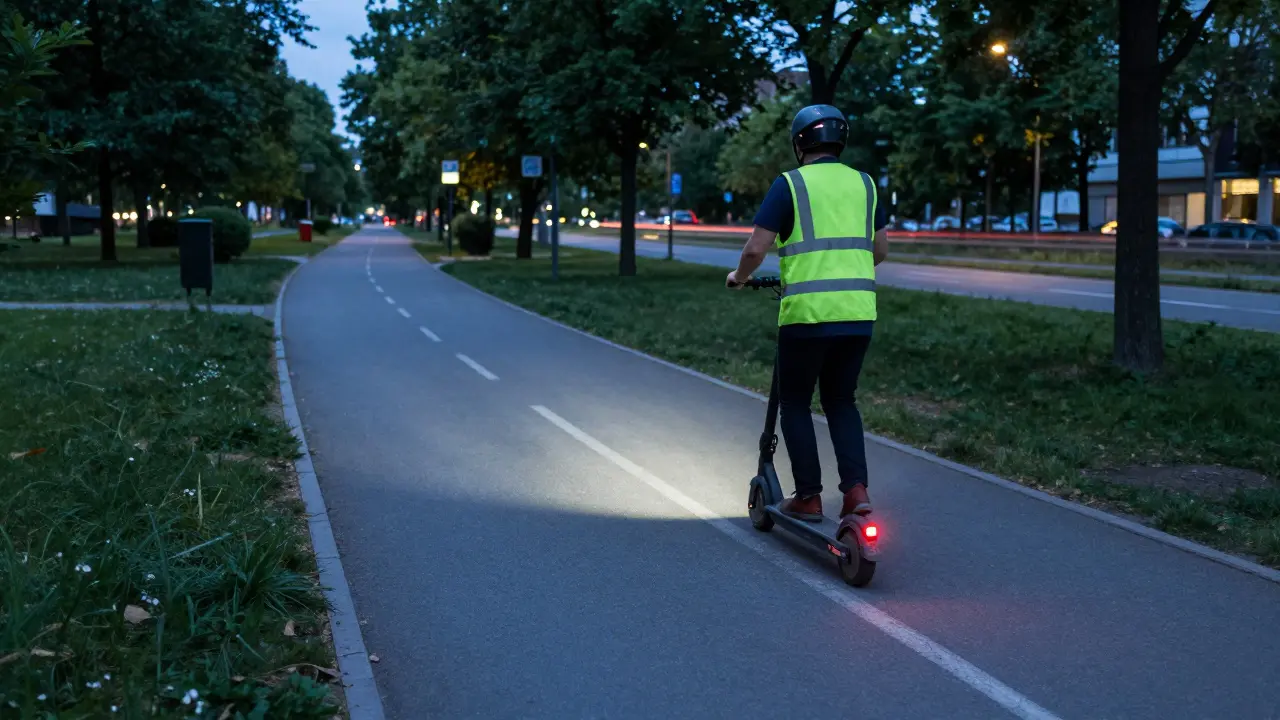 Fahrradweg mit leuchtenden Lichtern des Scooters