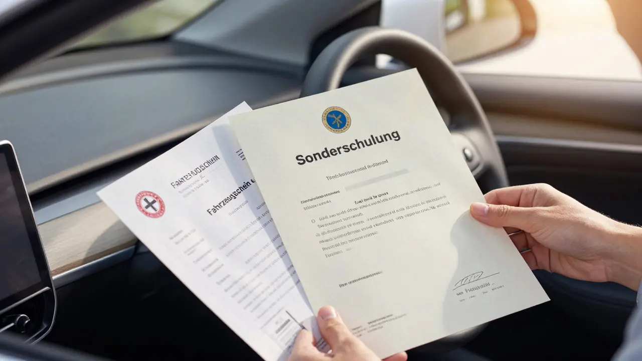 Hand hält Schulungszeugnis und Fahrzeugschein im Auto