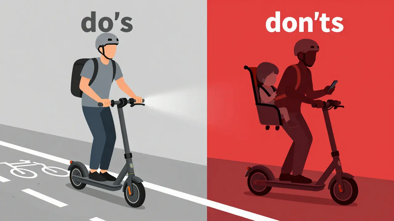 Kontrastbild: Rechtssicherer E-Scooter-Fahrer mit Helm versus Verstöße wie Handybenutzung