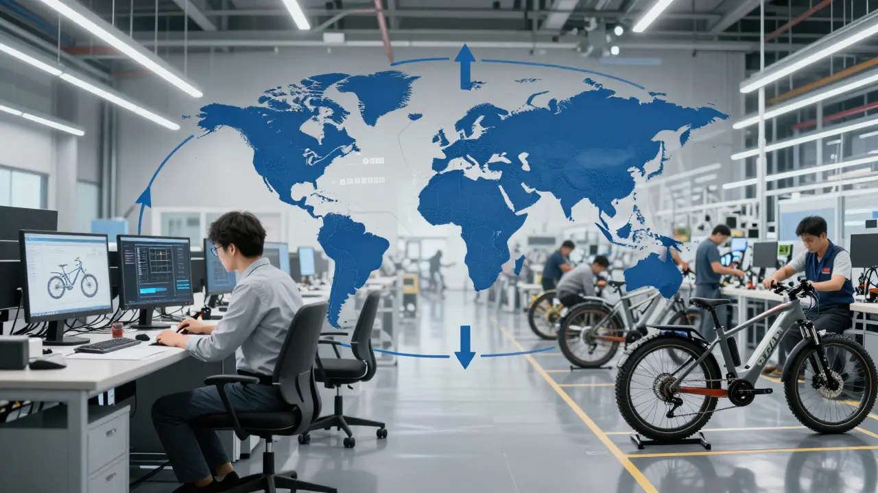 Konzeptkunst zur globalen Produktion: Designbüro in Frankreich und Fabrik in Asien.