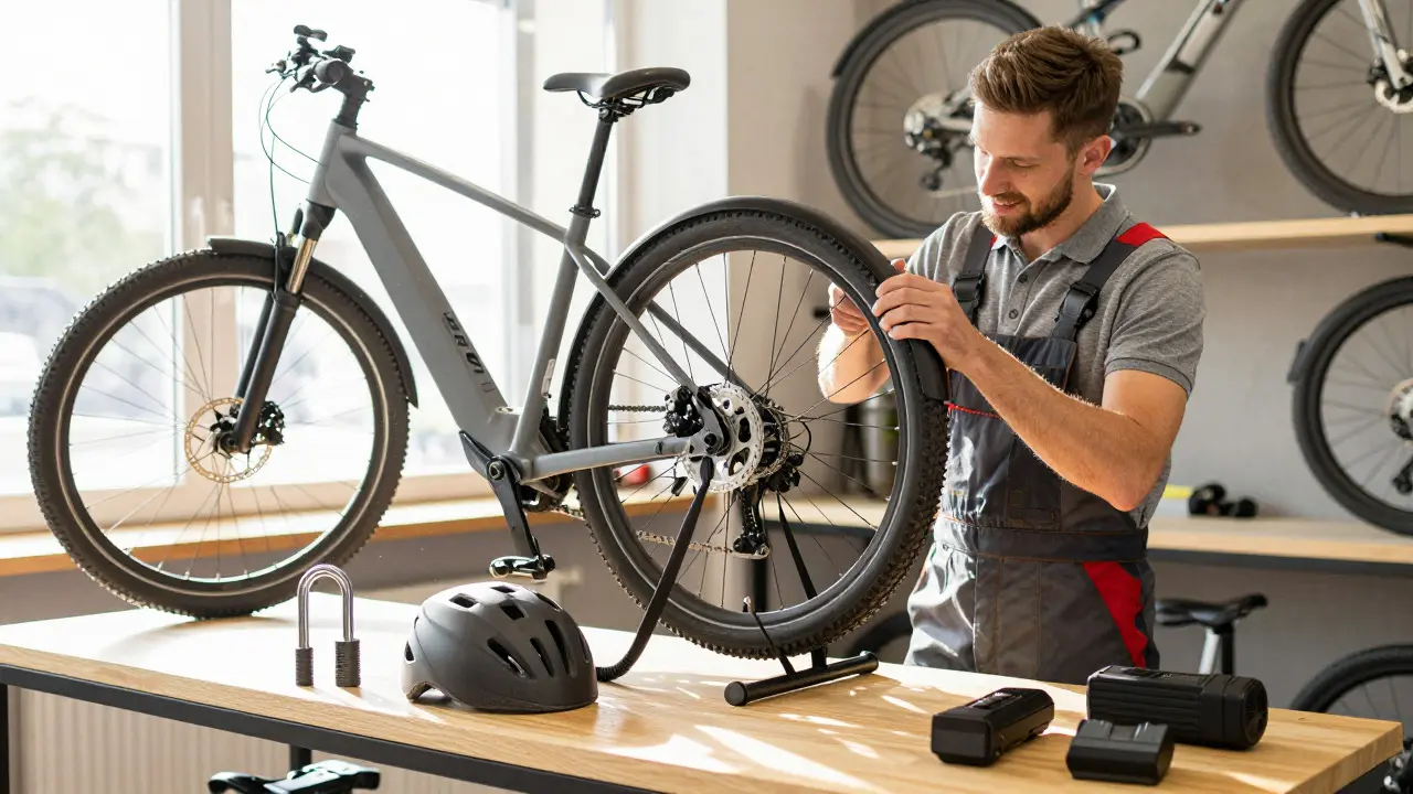 Mechaniker überprüft ein E-Bike im Fahrradladen neben Helm und Schloss