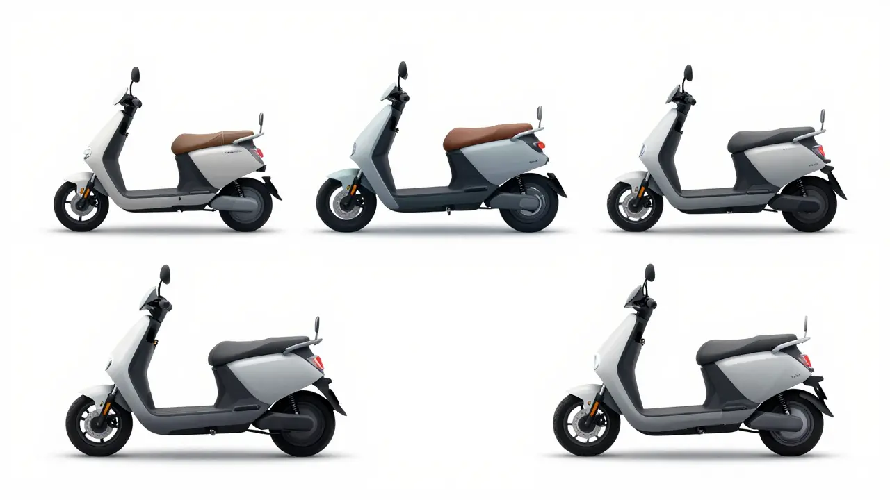Minimalistische Darstellung von vier verschiedenen E-Scooter-Kategorien vor weißem Hintergrund