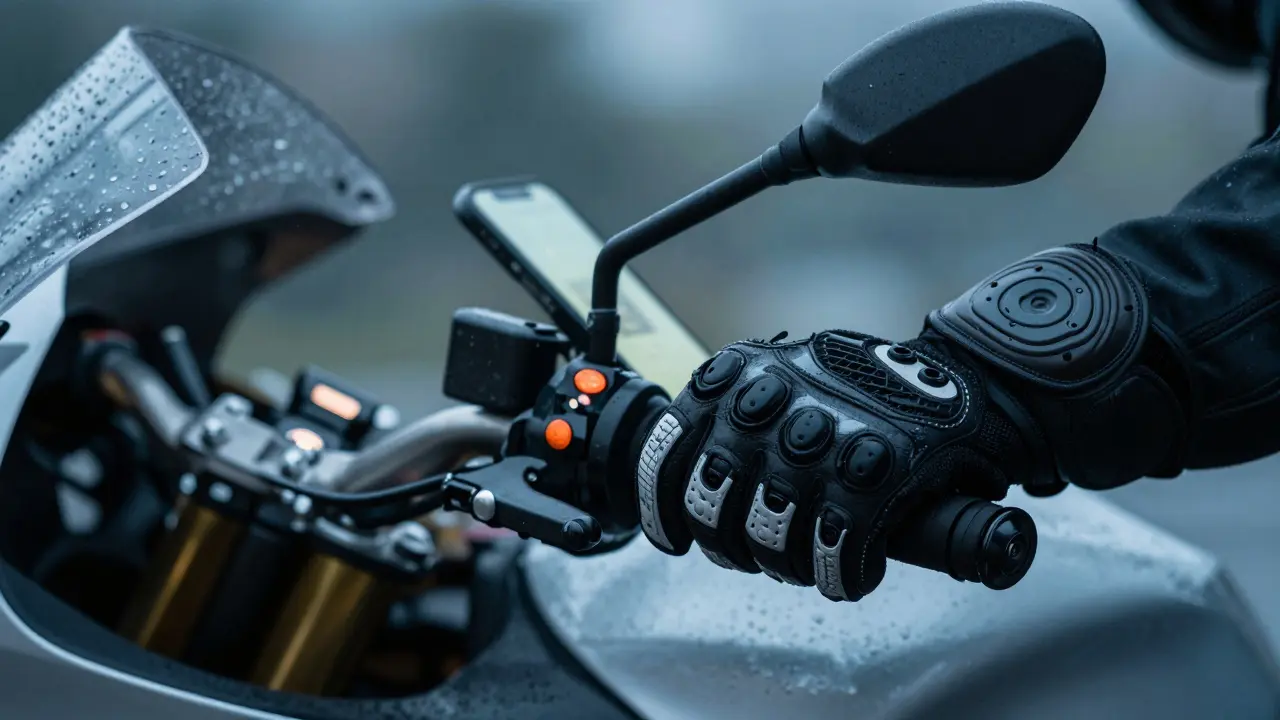 Motorradfahrer-Hand am Lenker mit Fokus auf Ablenkung