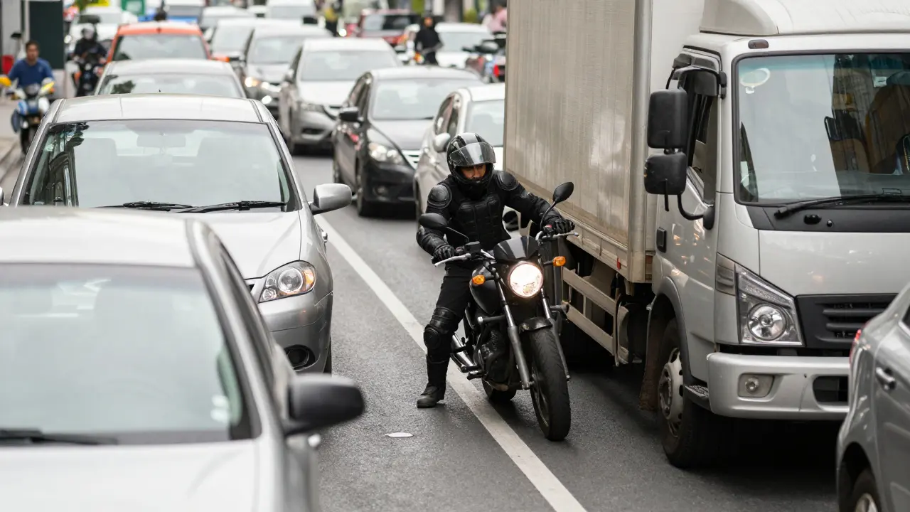 Motorradfahrer navigiert defensiv durch dichten Stadtverkehr