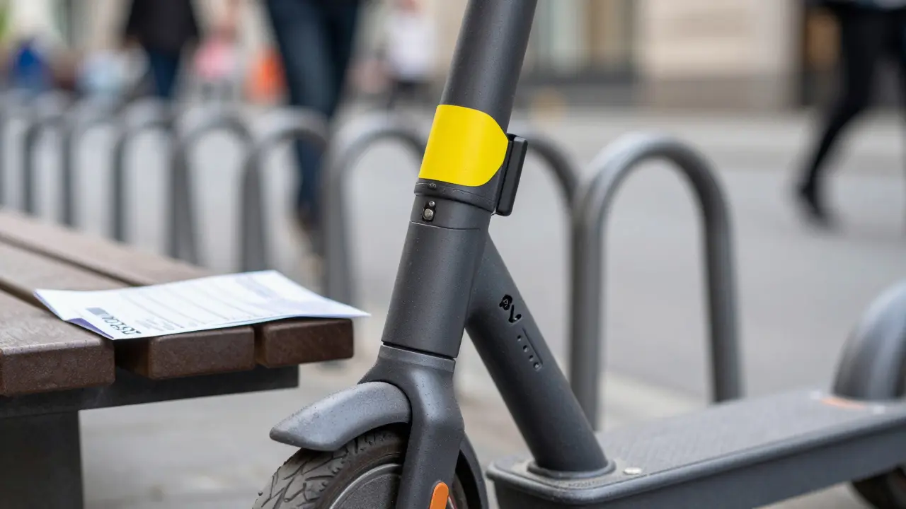 Nahaufnahme eines E-Scooters mit gelbem Versicherungssticker und sichtbarem Kennzeichen