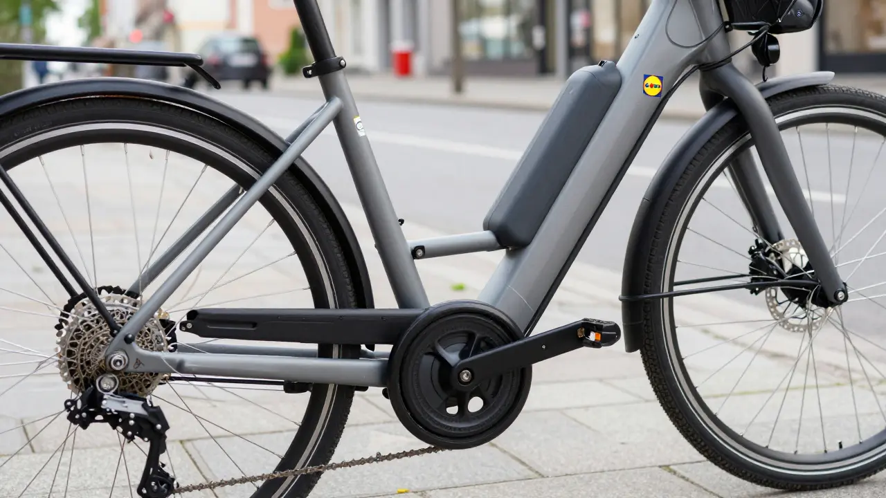 Nahaufnahme eines modernen Elektrofahrrads auf einem deutschen Bürgersteig