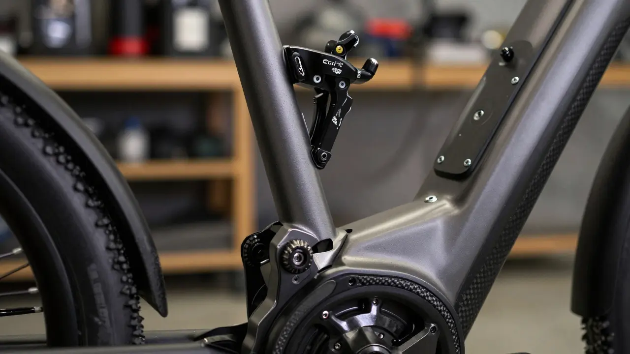 Nahaufnahme hochwertiger Komponenten wie Bosch-Motor und Shimano-Schaltung am E-Bike.