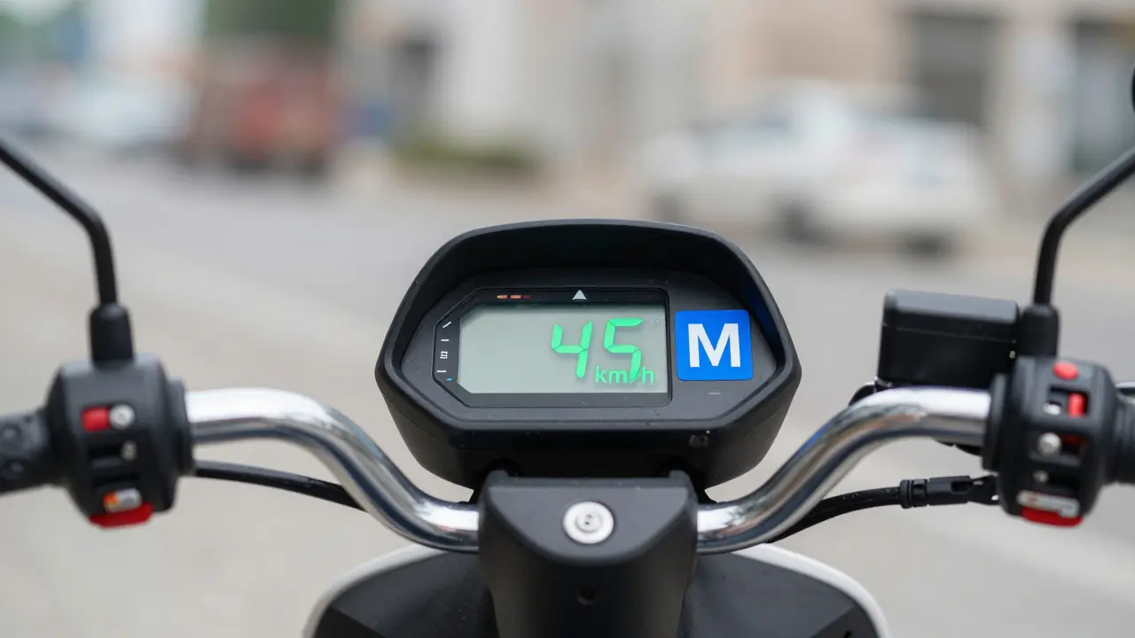 Nahaufnahme: Tacho zeigt 45 km/h und blaues Mofa-Schild am Roller