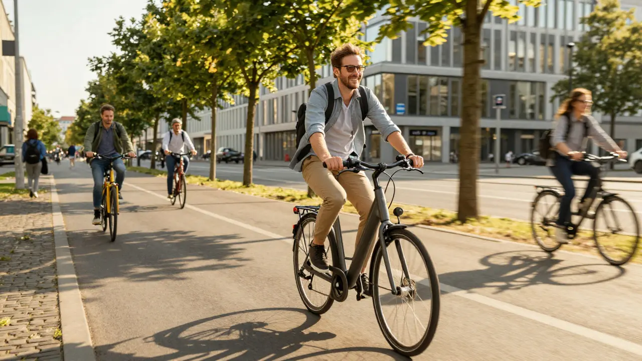 Pendler fährt mit E-Bike auf Radweg in der Stadt