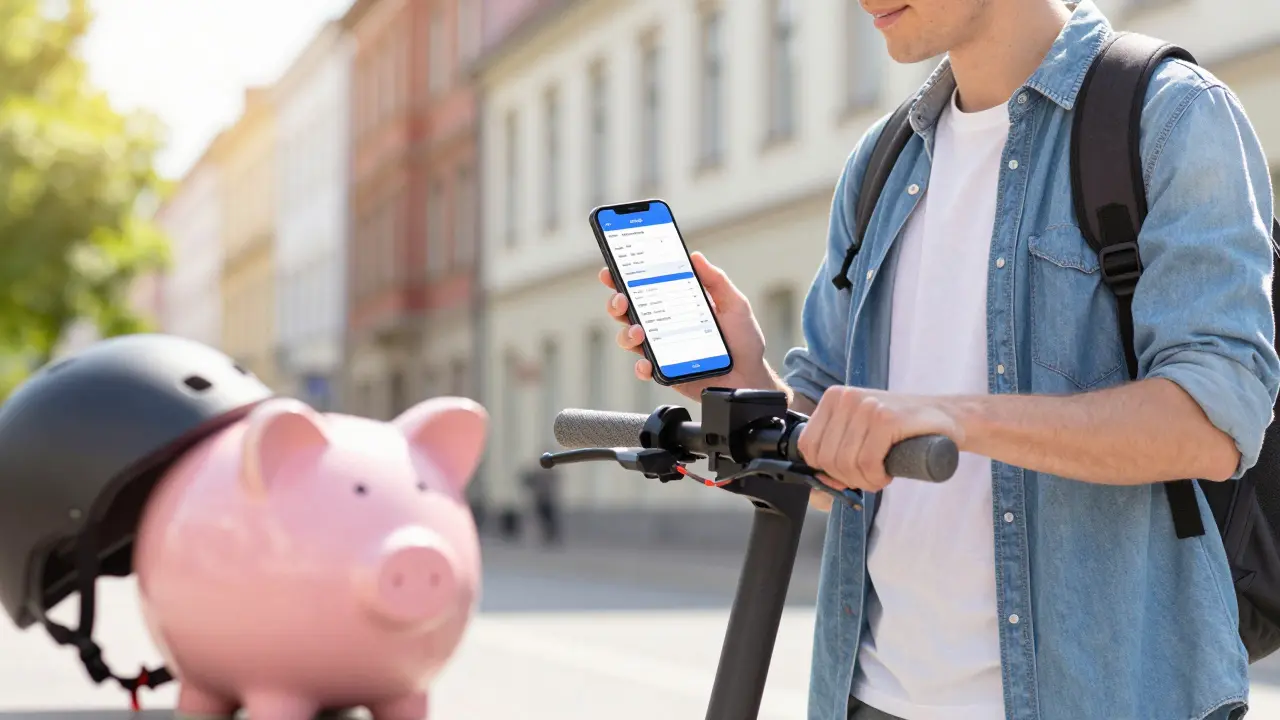 Person überprüft Versicherungsvergleiche am Smartphone neben Roller