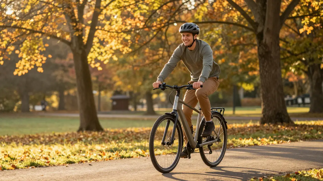 Radfahrer fährt lächelnd mit dem E-Bike auf einem Parkweg im Herbstlicht
