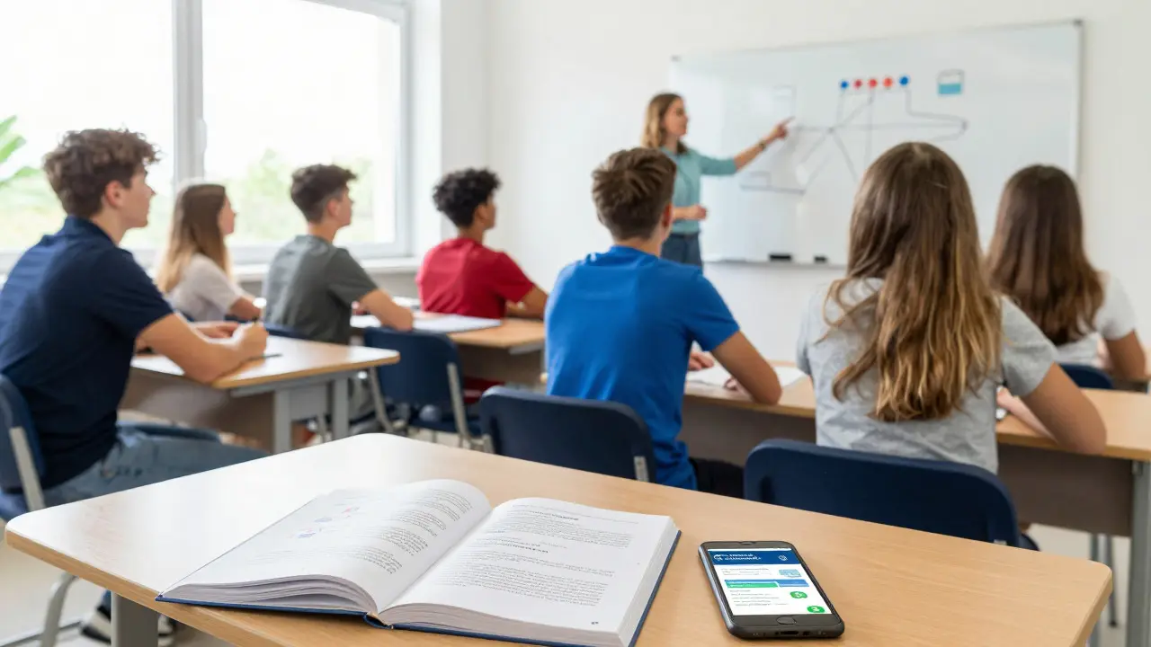 Schüler in Fahrschule bereiten sich auf AM-Führerschein-Prüfung vor