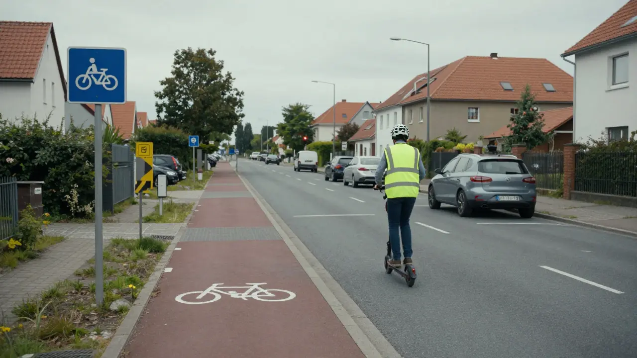 Sicherer E-Scooter-Fahrer mit Helm im Wohngebiet