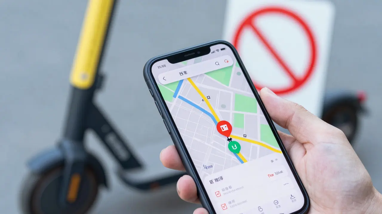 Smartphone mit Route und E-Scooter mit Versicherungskennzeichen