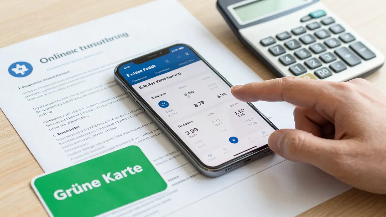 Smartphone mit Versicherungsvergleich und grüner Versicherungskarte auf Tisch