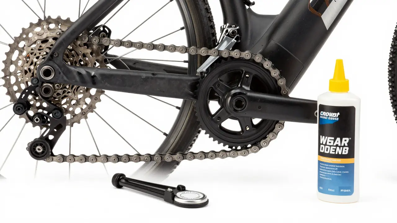 Verschleißte Fahrradkette und Pflegemittel auf weißem Hintergrund
