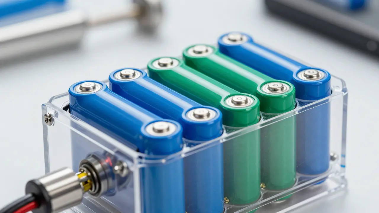 Detailansicht einer intakten E-Bike-Akkuzelle mit hoher Kapazität