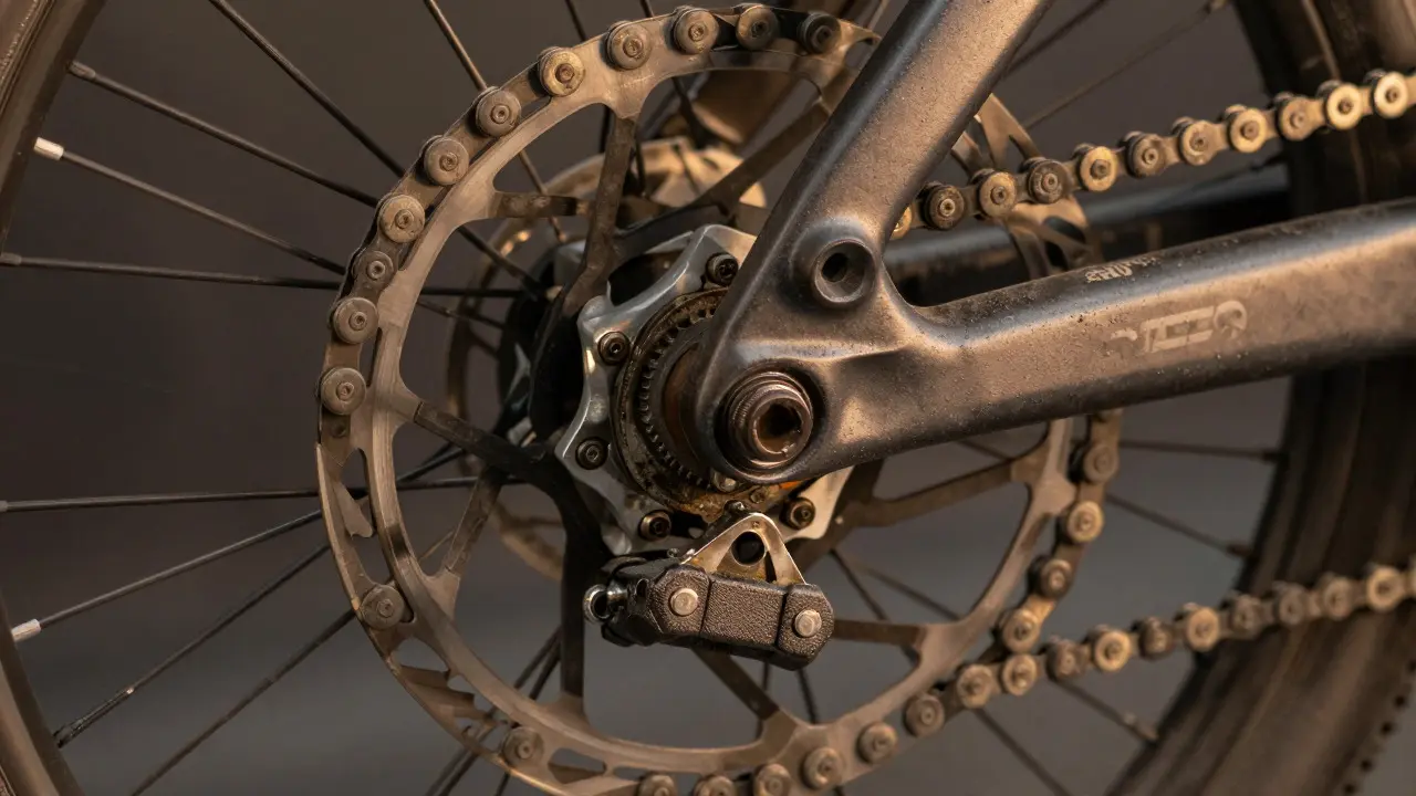 Detailaufnahme von Bremsbelägen und Kette eines E-Bikes