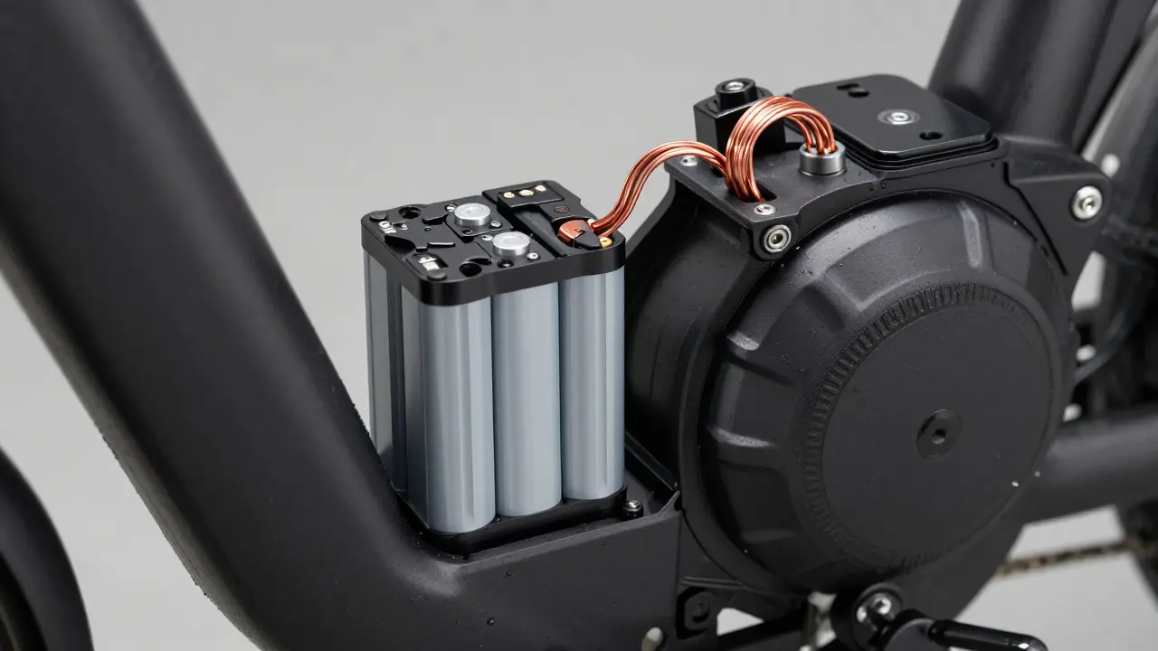 Detailaufnahme von E-Bike-Akku und Motor-Komponenten