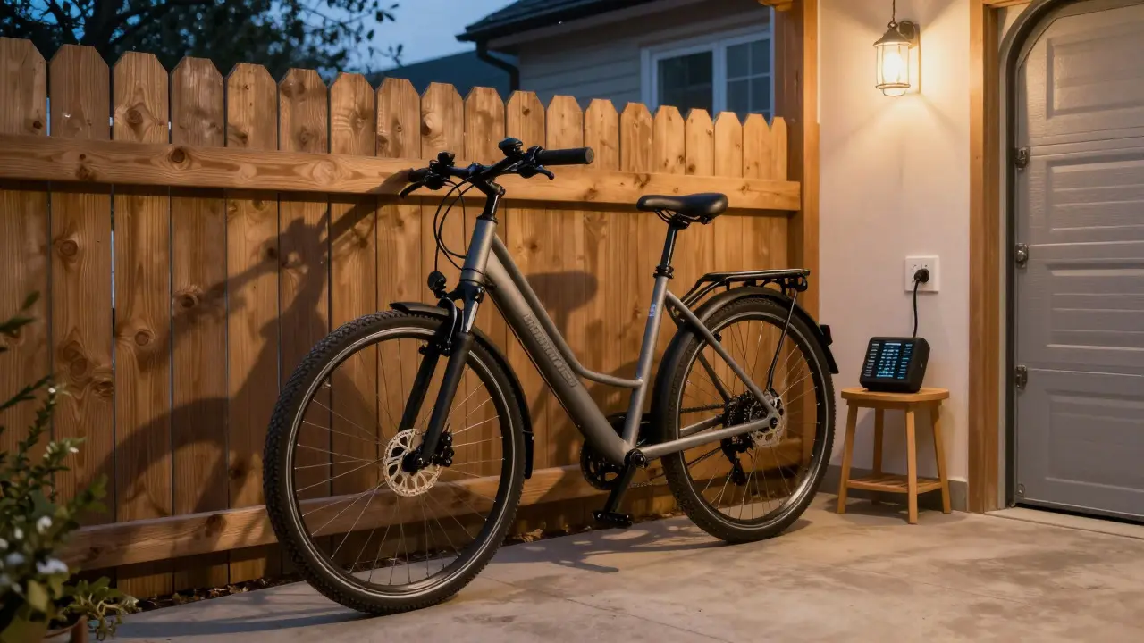 E-Bike im Winterlager mit Ladegerät im warmen Garagenraum