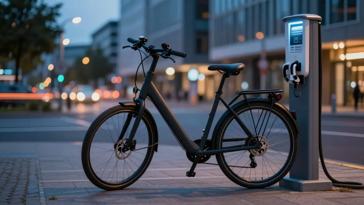 E-Bike lädt abends an einer Ladestation in der Stadt