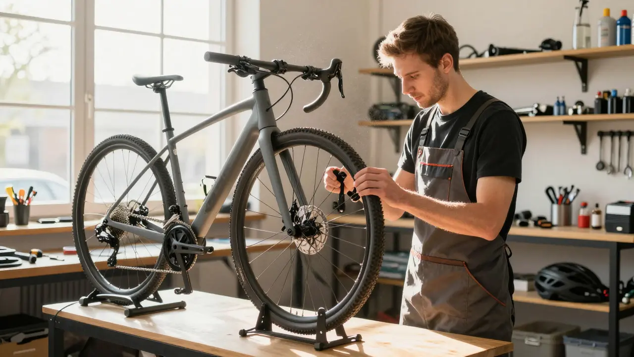 Fahrradmechaniker prüft ein E-Bike in einer Werkstatt