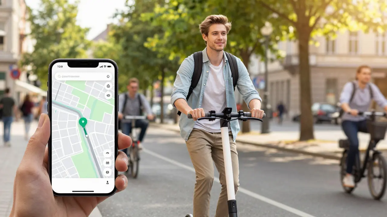 Junge Person fährt einen Elektroroller durch eine sonnige Stadtstraße