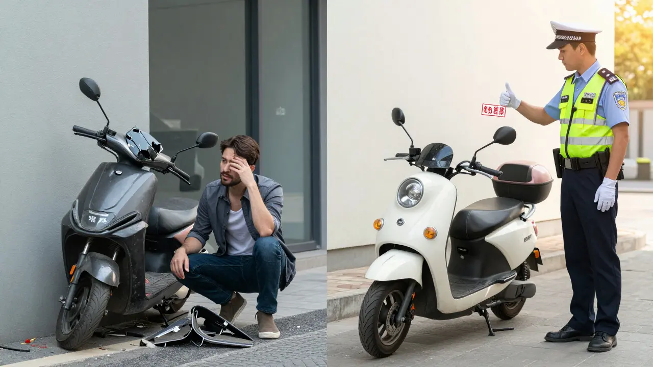 Kontrastbild: Beschädigter Scooter links versus geprüfter, versicherter Scooter rechts