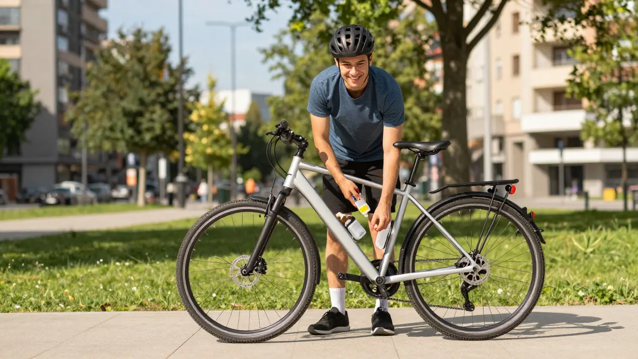Radfahrer pflegt die Kette seines E-Bikes im sonnigen Park
