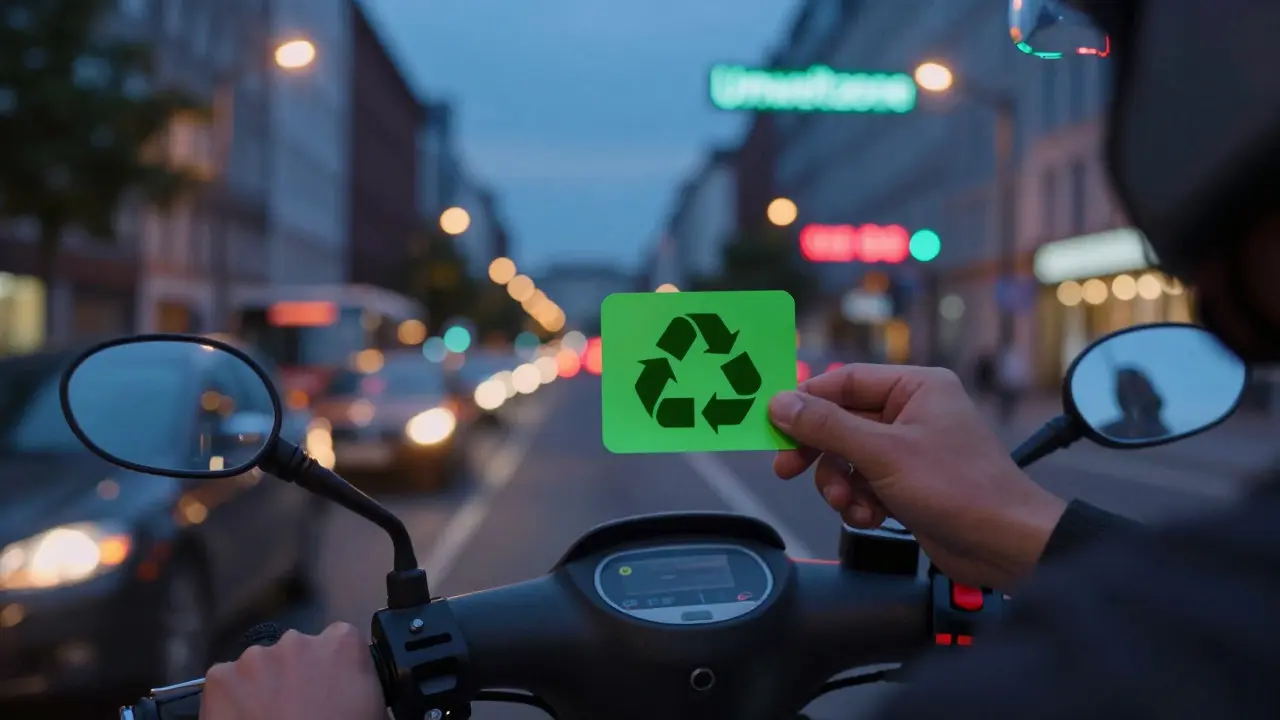 Rollerfahrer mit grüner Umweltplakette vor Stadt