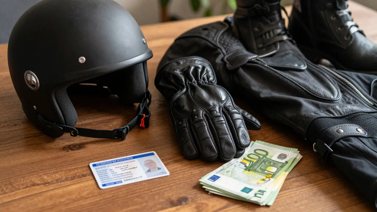 Schutzausrüstung und Führerschein mit Bargeld auf Tisch